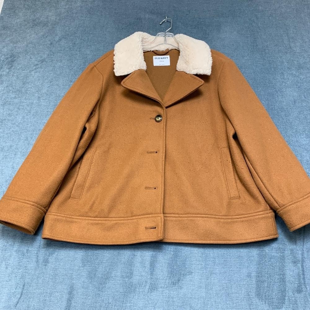 Old Navy Peacoat Womens Large Petite Brown Sherpa Collar Winter Button Front